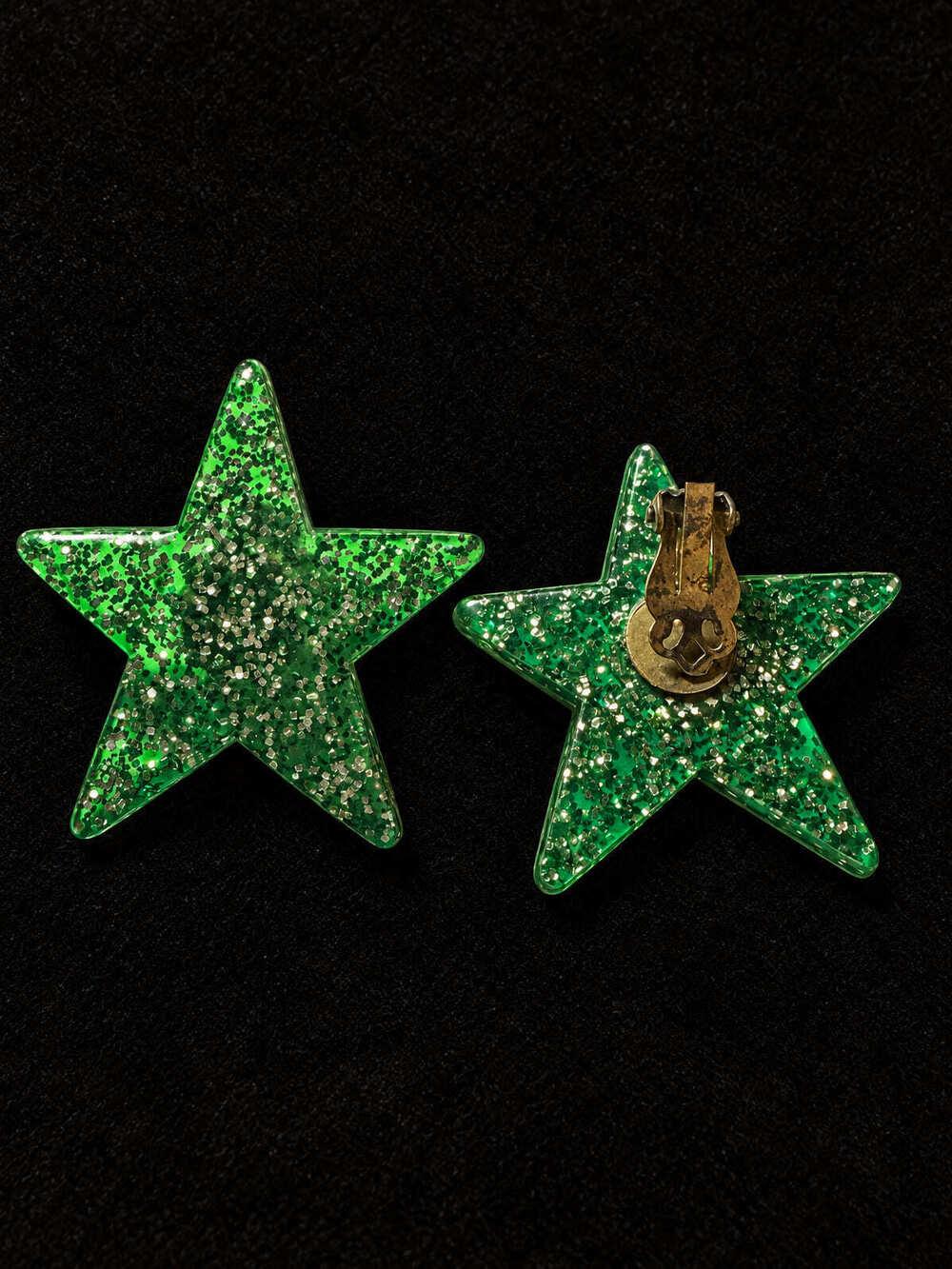 ⚜️ Green Glitter Star Clip-On Earrings | Statement | Silver-Tone Lucite 💗